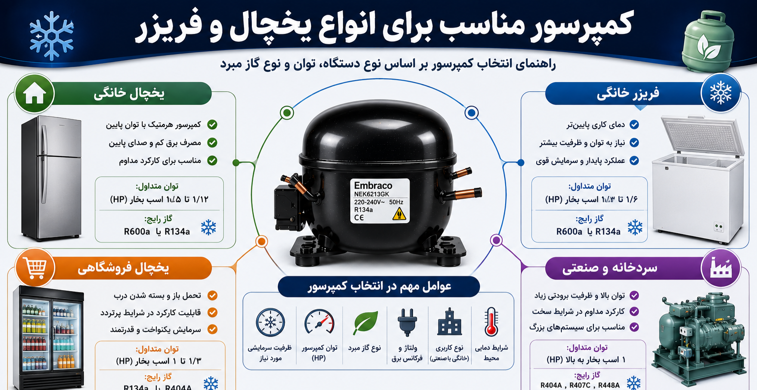 کمپرسور مناسب برای انواع یخچال و فریزر؛ راهنمای انتخاب بر اساس نوع دستگاه