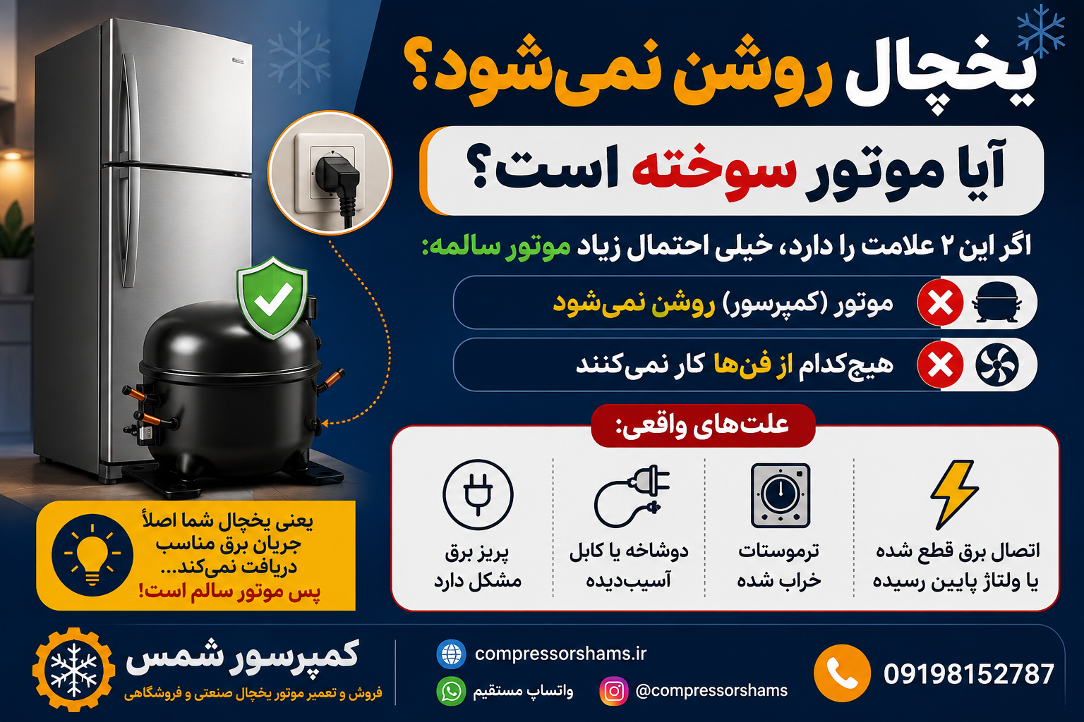 یخچال روشن نمی‌شود؛ آیا موتور سوخته است؟ روش تشخیص قبل از تعویض کمپرسور